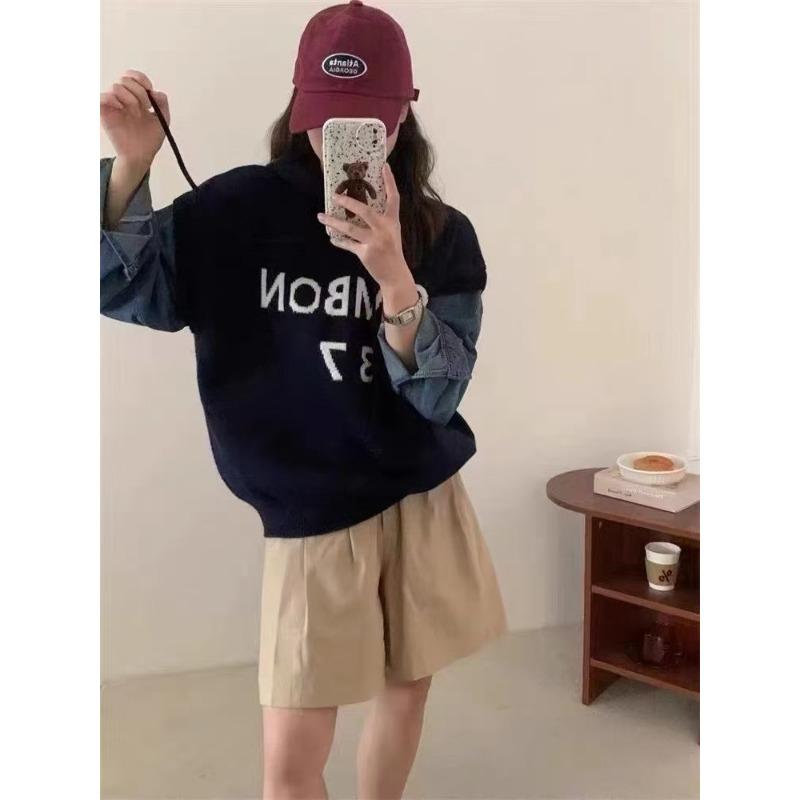 

Осень и зима новый вязаный свитер с джинсовыми рукавами женский ретро худи с жаккардовым узором в виде букв свободный женский свитер чёрный