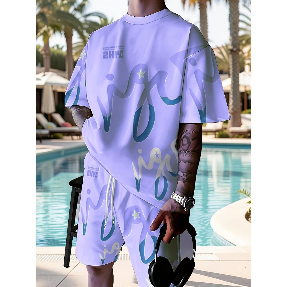 2026 Summer American Men's T-shirt Set for Outdoor Sports Fashion Casual Soft Breathable with 3D Graffiti Pattern Print