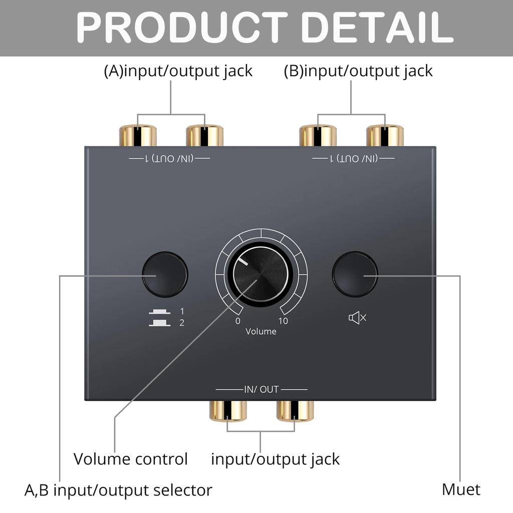 Bidirektionaler Audio-Umschalter 2 x 1 / 1 x 2 RCA Stereo-Audio-Umschalter Splitter Mit Stummschalttaste L / R Stereo-Audio-Umschalter