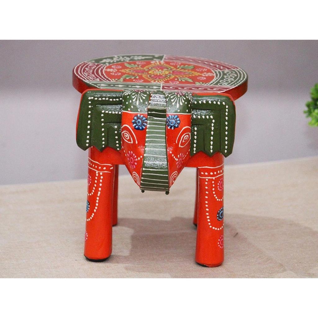 Handcrafted and Hand-Painted Colorful Wooden Elephant Stool/Side Table for Home/Office/Living or Bedroom Decor (Orange & Green)