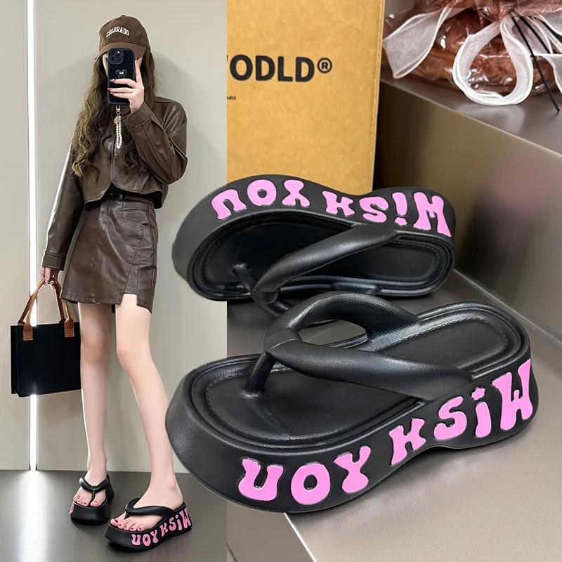 Thick-soled Height-enhancing Flip-flops for Women Fashionable Non-slip Soft-soled Beach Shoes for Summer Wear