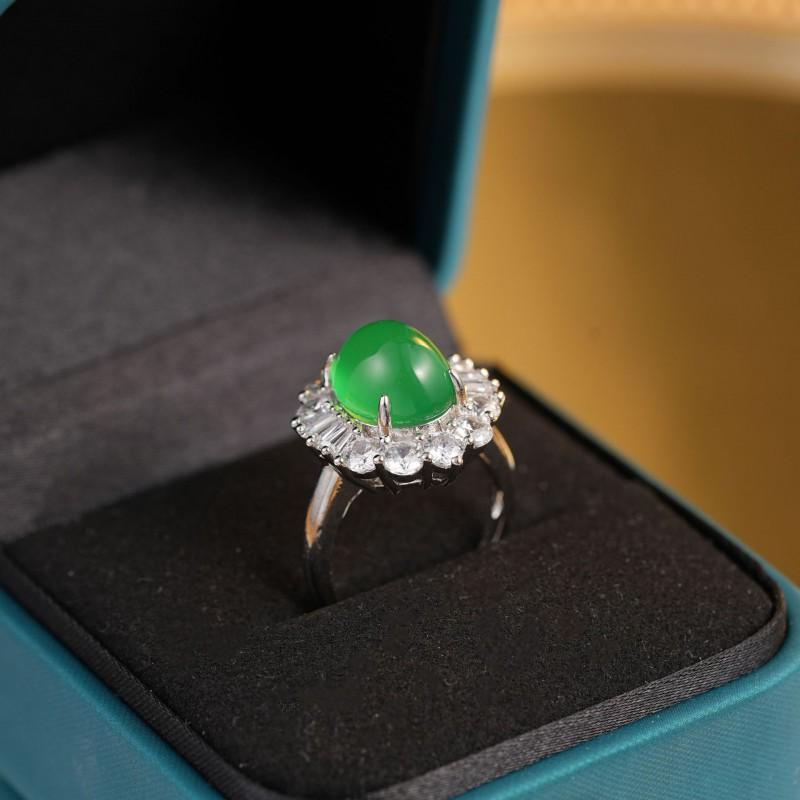 Adjustable Open Ring Women Men Geometric Green Chalcedony Stone Jewelry French Vintage Style