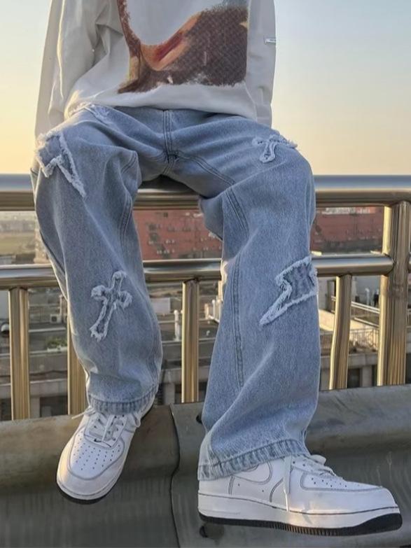 Herren Trendy Patchwork Denim Jeans - Hip Hop Ausgefranste Kante, Gerade, Locker Geschnitten Lässige Hosen