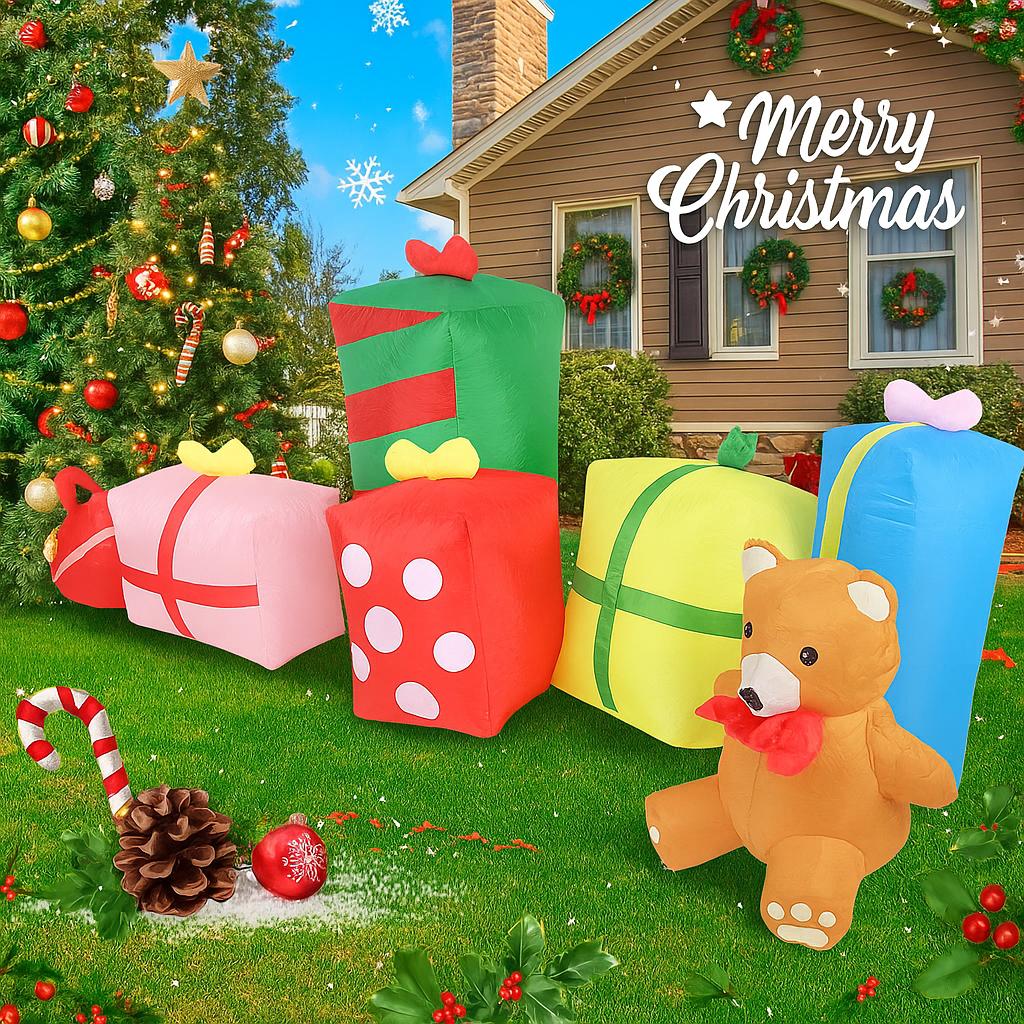 9.84FT Inflatable Toy Gift Boxes Teddy Bear Xmas Yard Lawn Party Decoration with LED Light Christmas Home Supplies Ornament Gift