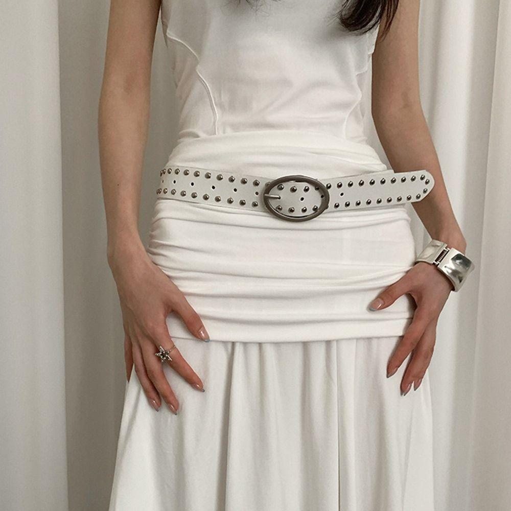 Alloy Buckle Y2K Belt Pu Leather Skinny Waist Straps Retro Bohemian Rivet Belt  Women