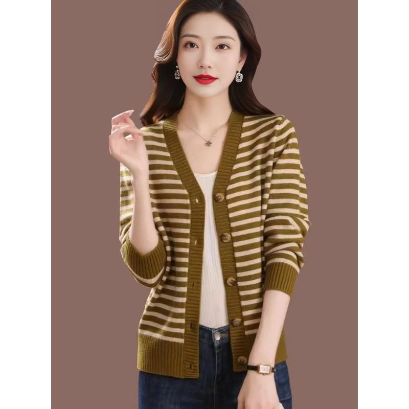 Mom's Cardigan Spring Autumn and Winter Striped Collar Jacket New Women's Knitted Top