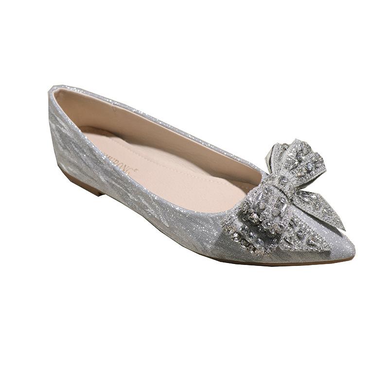 Modne Kryształowe Płaskie Baleriny z Kokardą Kobieta Różowe/Srebrne Buty Ślubne dla Druhny Damskie Baleriny Cheongsam Brokatowe Szpiczaste Czółenka Damskie