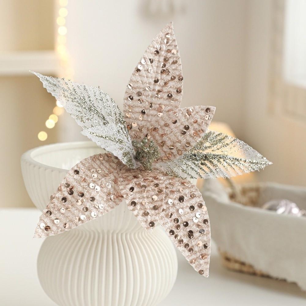 Realistic Christmas Artificial Flowers Sequin Mesh Poinsettia Flower New Year Decor