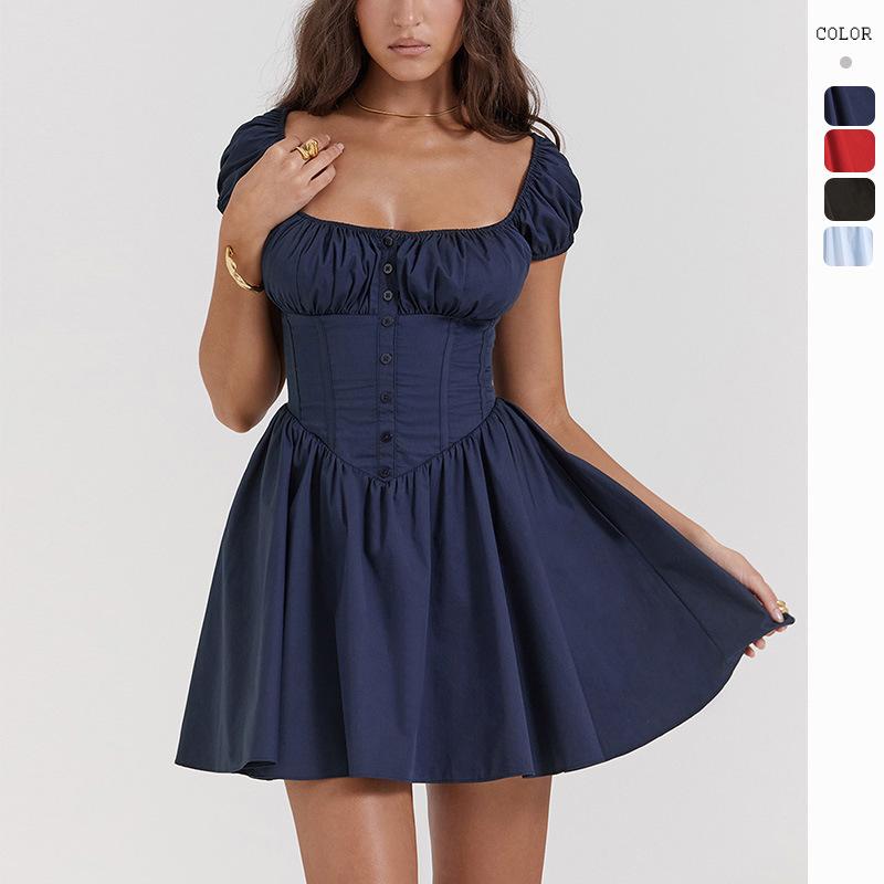 Square Collar Pleated Mini Short-sleeved Halter A-line Dress