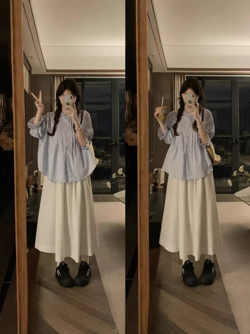 

Plus Size Puff Sleeve Blouse & White Skirt Two-Piece Set XL