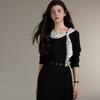Retro little black dress, thin polka dot streamer splicing long-sleeved dress, temperament high-end long dress