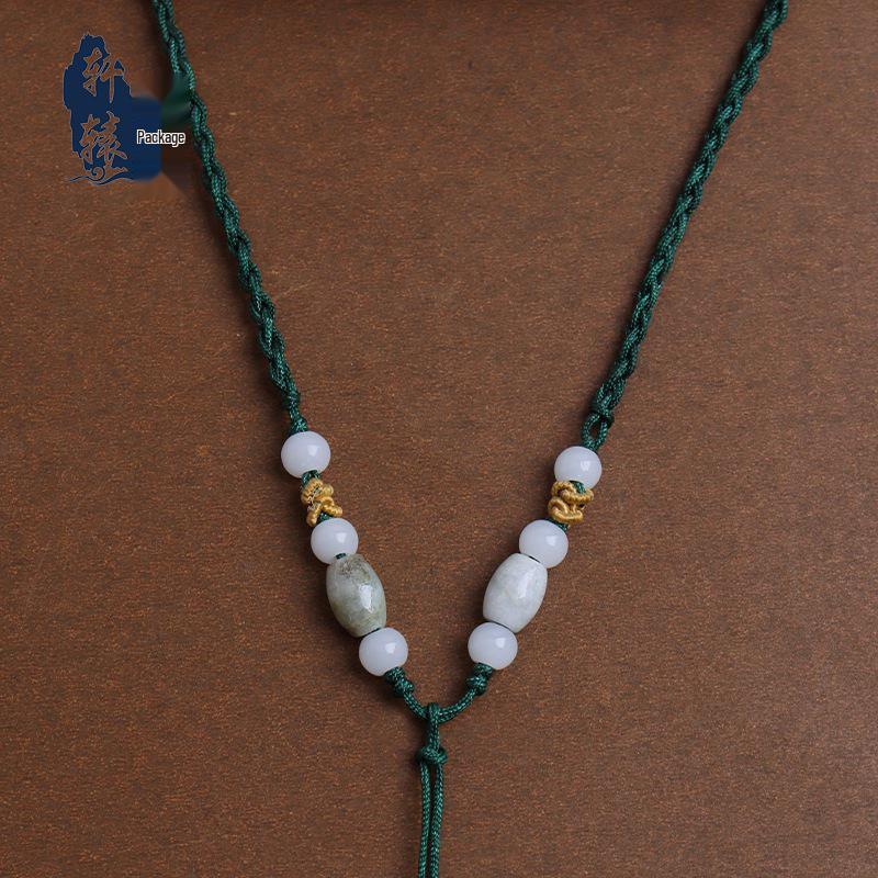 Adjustable Red Rope Jade Pendant Necklace for Men & Women with Round Beads - Semi-finished