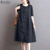 ZANZEA Women Casual Round Neck Short Sleeve Loose Stripe Dress