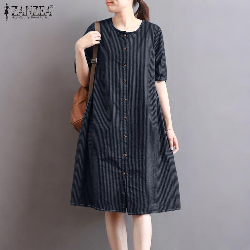 ZANZEA Women Casual Round Neck Short Sleeve Loose Stripe Dress