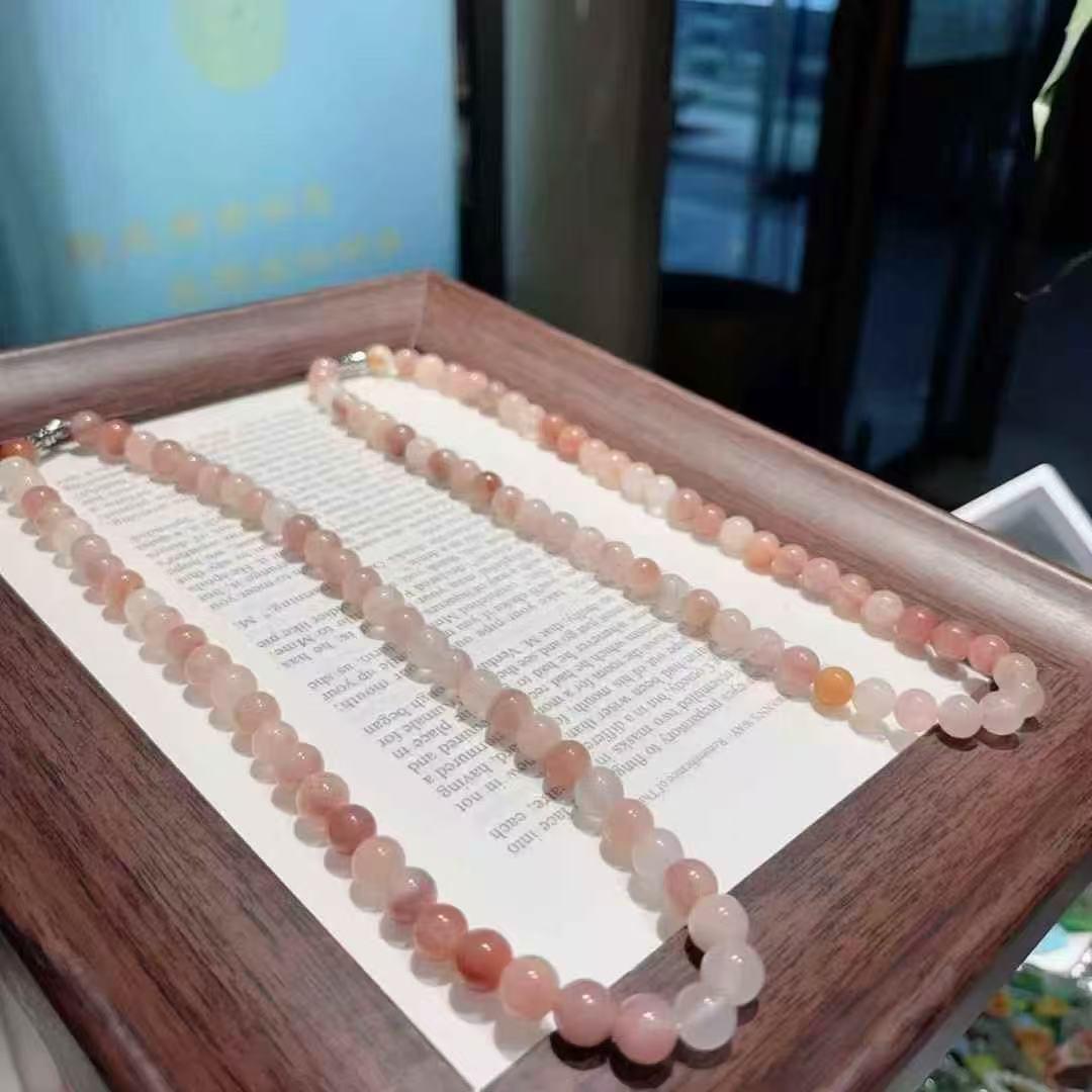 Golden Silk Jade & Grapefruit Pink Crystal Round Bead Necklace - Mother’s Day & Teacher’s Day Gift
