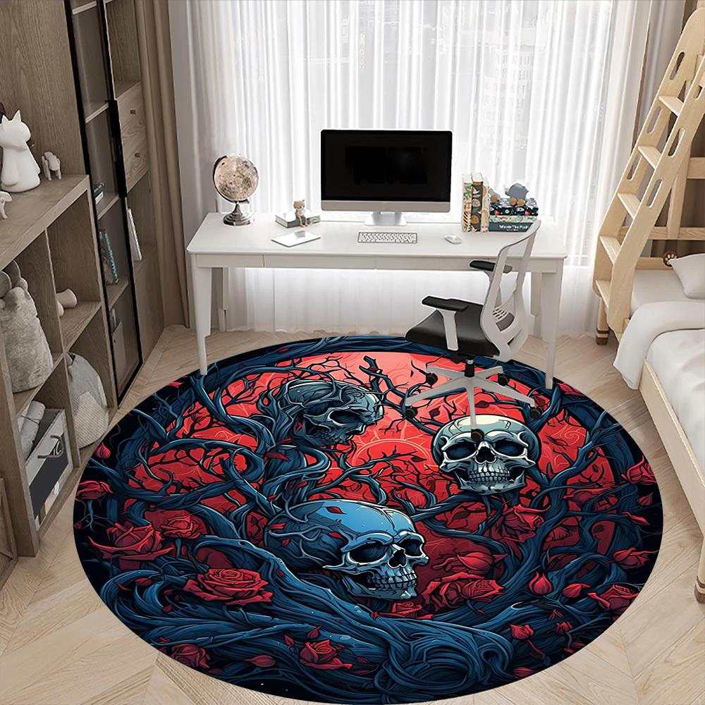 1pc Skulls Roses Office Round Area Rug, Under Office Chairs Bedroom Living Room Home Decor, Room Deco