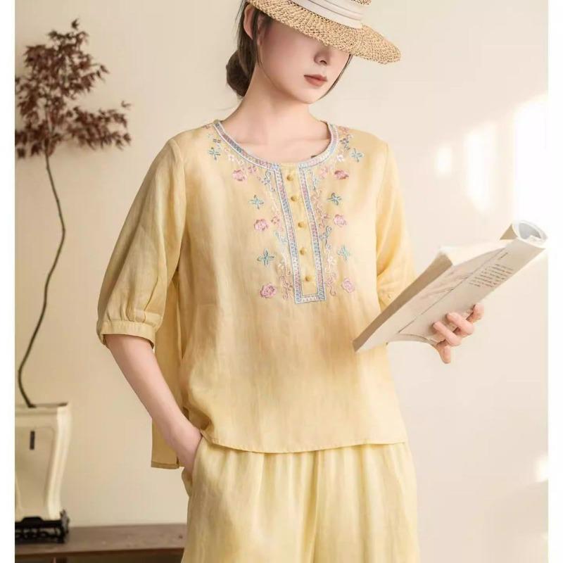 Womens Pink Linen Blouse Casual Floral Embroidered Half Button 3/4 Sleeve Top