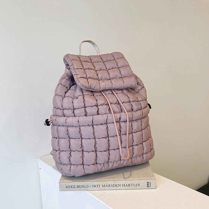 Niche casual simple design women's summer wind backpack pleated cloud fashion down cotton plaid drawstring backpack