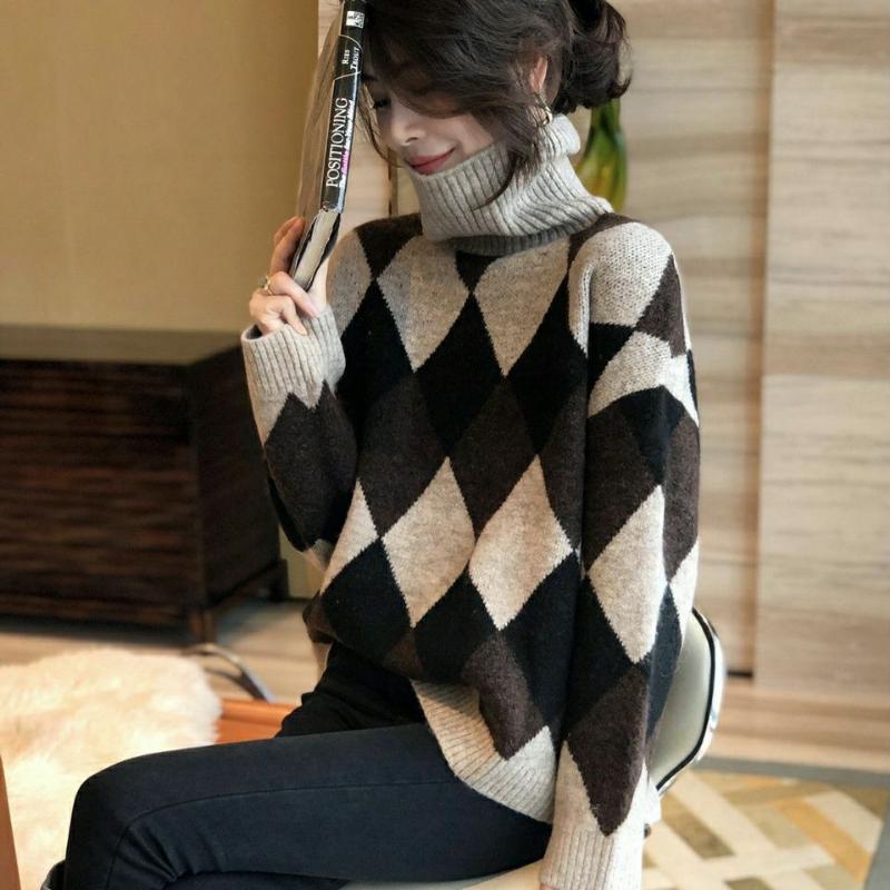 High Neck Sweater Pullover for Women Autumn and Winter Loose Fashionable Long Sleeve Casual Knit Sweater Pullover Female Tops