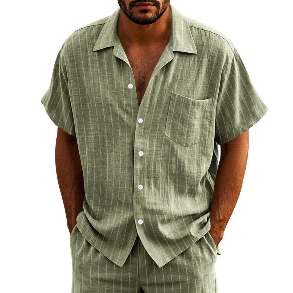 Men's Linen Button Down Shirt Vertical Stripe Pattern Short Sleeve Casual Loose Fit Breathable Summer Shirt with Turn Down Collar