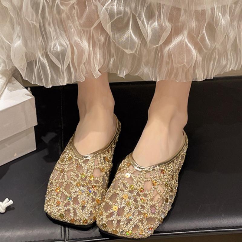 Fashion Glitter Cloth Covered Head Slippers Summer New Square Head Deep Mouth Soft Sole Anti-slip Wear-resistant Flat Shoes