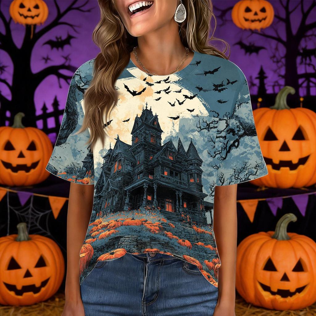 Women's Casual Short Sleeve Pullover Top Halloween Print Round Neck Pocket Loose Fit Lightweight Shirt for Everyday Wear