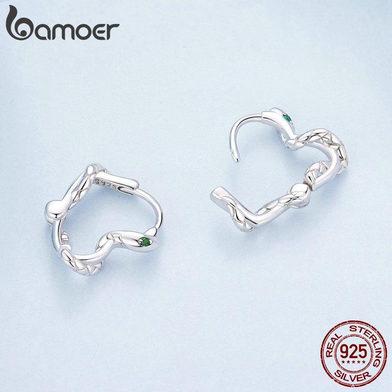 BAMOER 925 Sterling Silver Spirit Snake Ear Buckles Heart Shape Hoop Earrings for Women Party Fine Jewelry