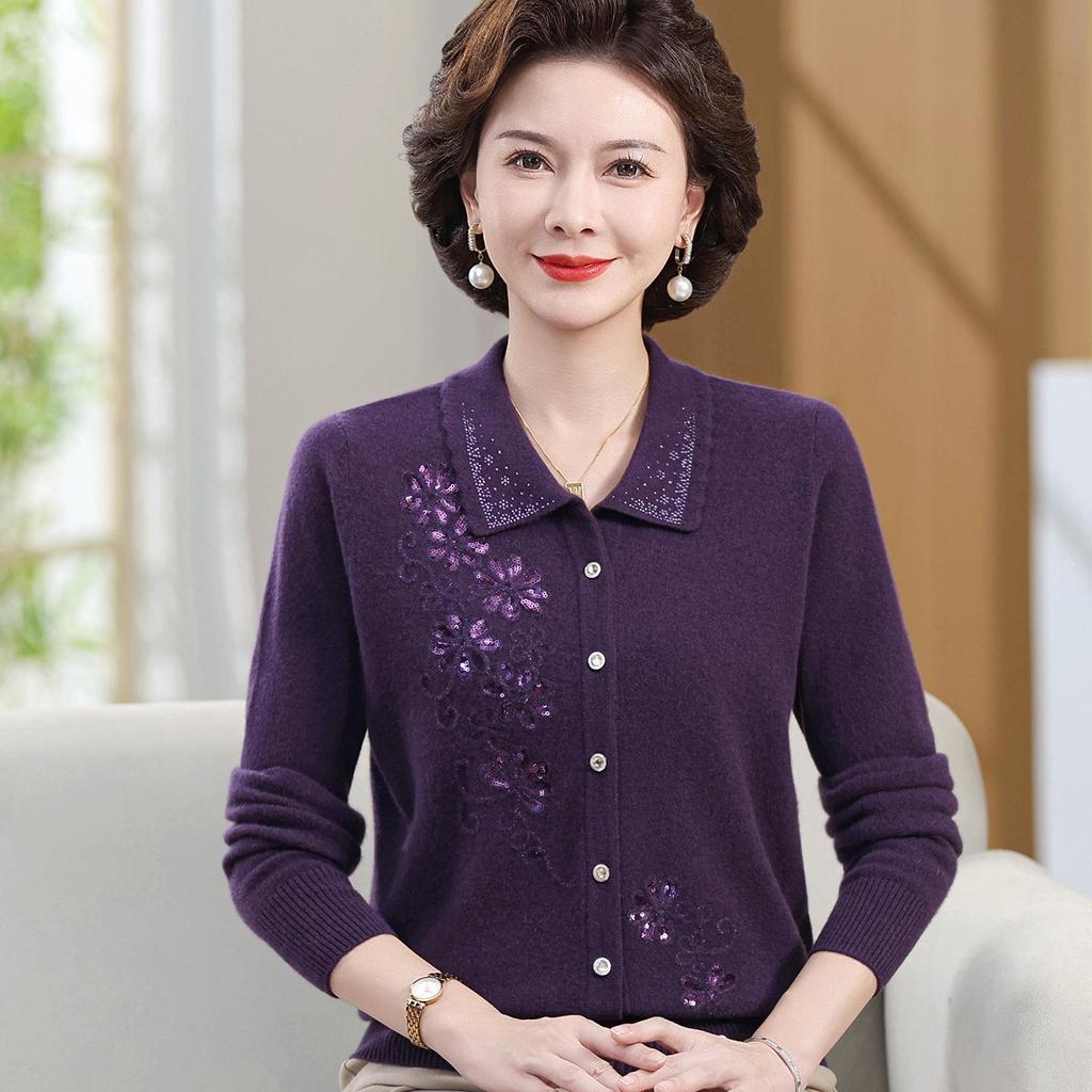 Luxury 100% Pure Wool Embroidered Cardigan for Mothers and Grandmothers - Mid-aged & Elderly Women's Lapel Sweater