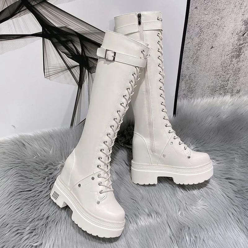 Fashion 10CM New Women Platform Knee High Boots Winter Warm Plush Long Boots Leather Motorcycle Boots Lace-up Chunky Sneakers High Heels