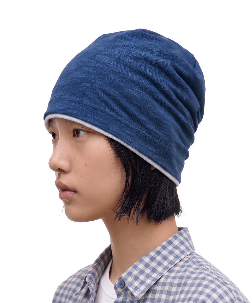 Eondeokeonteulol Cool Two-Tone Color Block Cotton Long Loose Fit Hat Beanie / Layered Slub / Blue