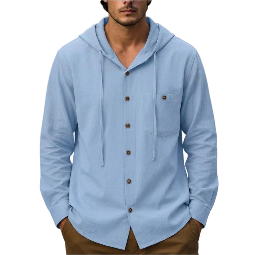 Men's Fashion Casual Cotton-Linen Hooded Padded Shirt - Men's Outdoor Lightweight Buttoned Long-Sleeved Shirt