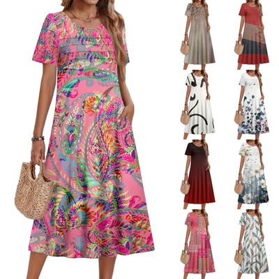 Ladies' Floral Printed Casual And Fashionable Short Sleeved Round Neck Dress