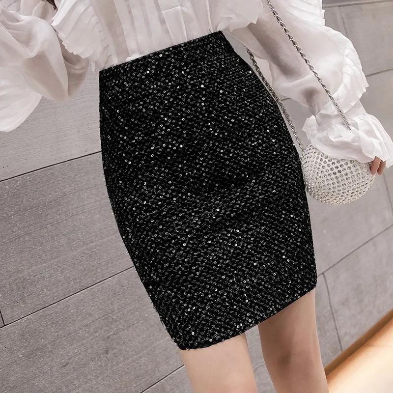 Women's Spring/Fall High-Waisted Stretch Fitted Shimmering Mini Skirt, Bodycon Skirt, Sequin Skirt