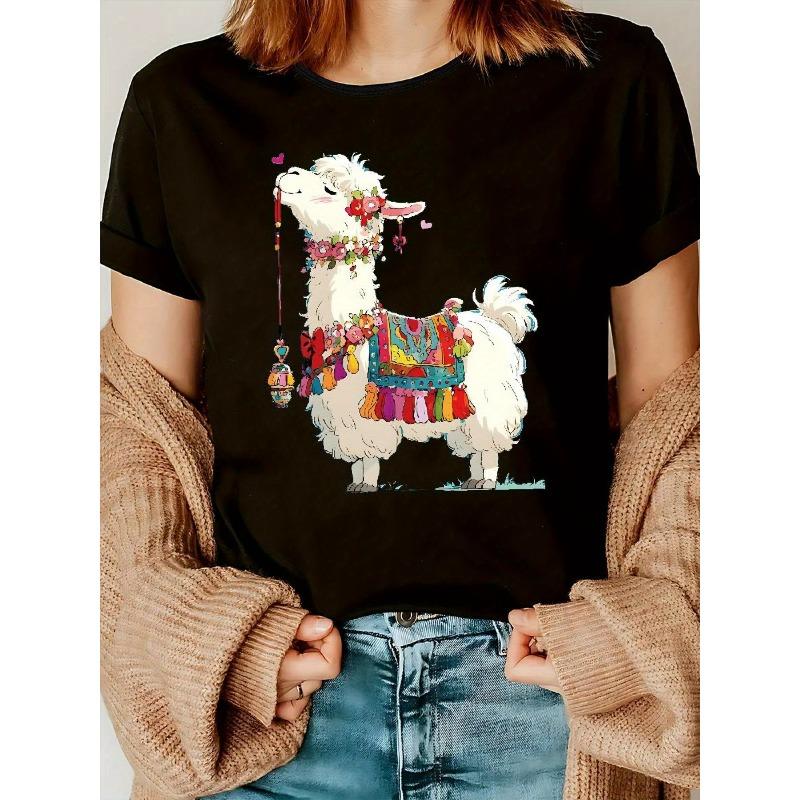 

Womens Anime Llama Print T Shirt Casual Crew Neck Polyester Elastane Short Sleeve Regular Fit Knit Fabric Spring Summer Fall Top 4XL