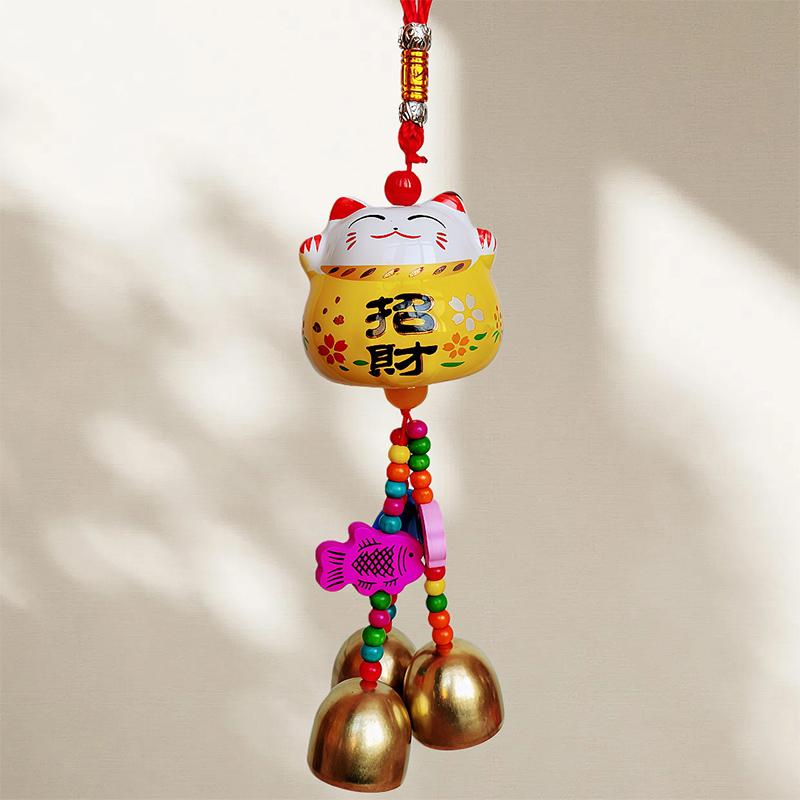Fortune Cat Ceramic Wind Chimes Hanging Car Charm Garden Charm Decorations Crafts Wind Chimes Metal Bells Good Luck Wind Chimes