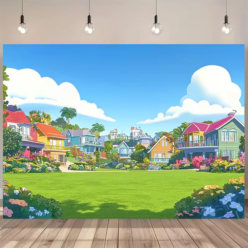 

2D Colorful Houses & Flower Garden Backdrop for Outdoor Themed Photos 47.2x31.5inch/120*80cm