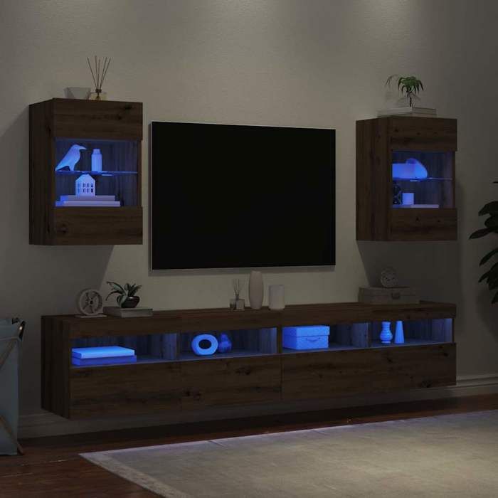 VidaXL Meubles muraux avec lumières LED pour TV 2 pcs chêne artisanal, meuble TV flottant, meuble multimédia mural, unité TV 857681