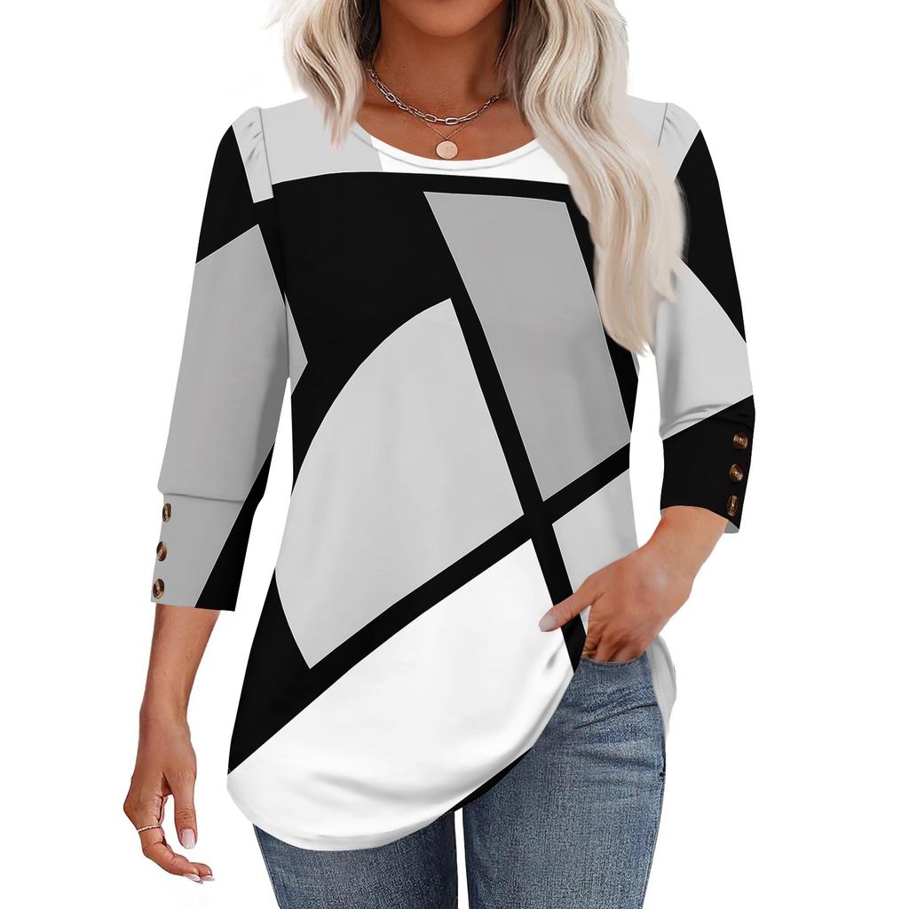 Women's Fashion Casual Color Block Stitched Print Round Neck Seven-sleeve T-shirt Top