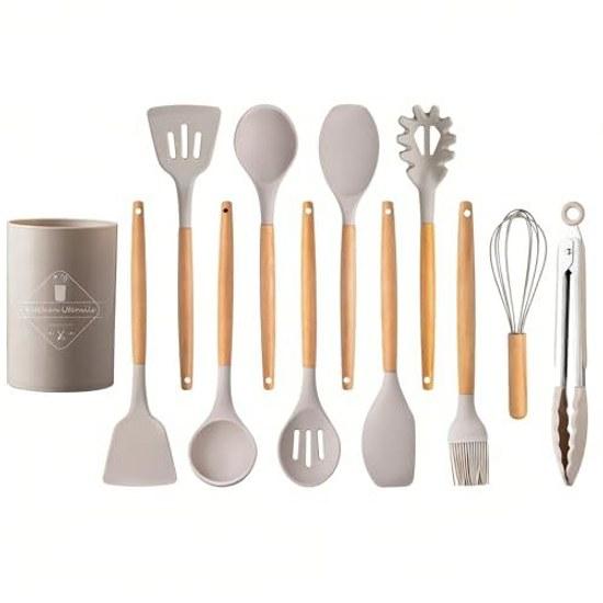 12-piece Set Kitchen Supplies Silicone Cooking Utensils Storage Bucket Spatula Ladle Tongs Whisk Turner Brush Shallow Spoon Egg Beater Tool Stand Safe