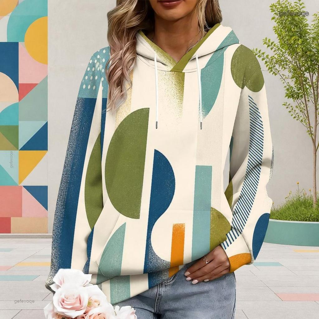 Women Plus Size Geometric Printed Long Sleeve Drawstring Hood Kangaroo Pocket Pullover Hoodie