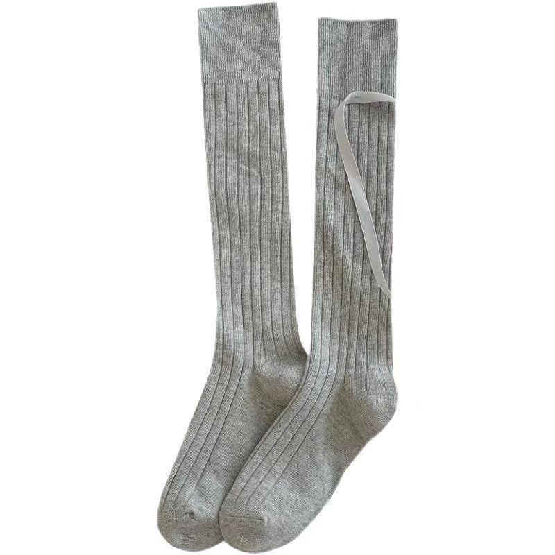 Ladies Spring and Summer Pure Color Sweet Everything Bow Long Leg Pile Pile Socks