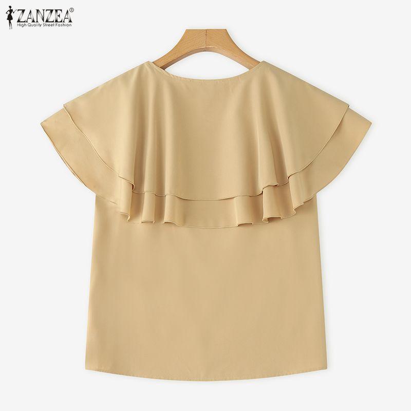 ZANZEA Women Casual Round Neck Summer Short Sleeve Ruffles Blouse