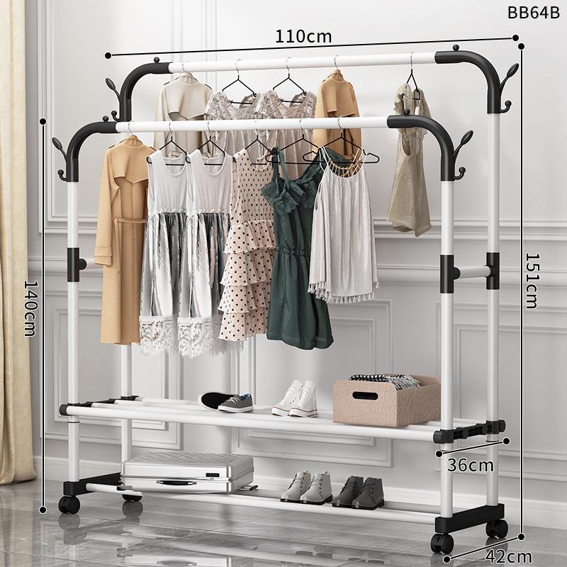 Minimalist Indoor Floor-Standing Coat Rack with Double Pole and Shelf for Bedroom or Balcony
