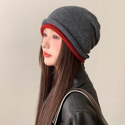 Bilateral Wool Hat Women's Drawstring Knitted Hat Autumn and Winter Ear Protection Hat Wool Hat