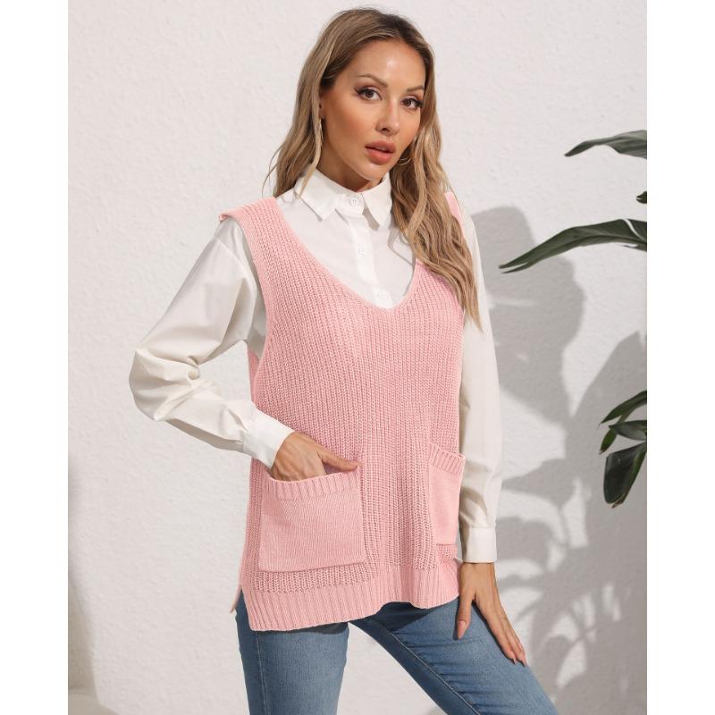 Women's Autumn and Winter Double Pocket Patchwork V-Neck Casual Sweater Vest