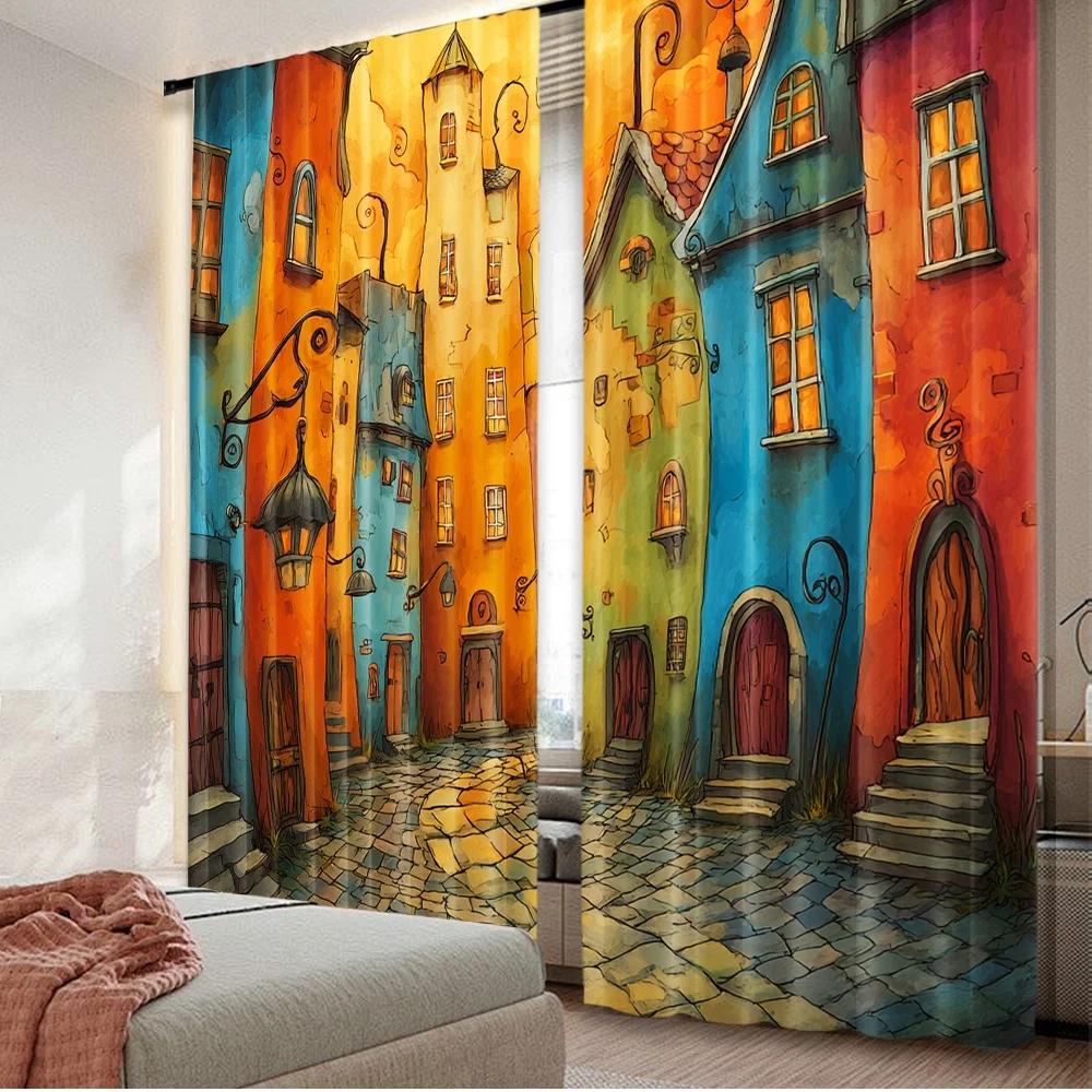 

Set Of 2 Flat Printing Party Window Curtains Fairy Tale Village Digital Printed Polyester Drapes Decorations Perfect Curtain Made W100*H70(CM)-Rod Pocket&1PCS