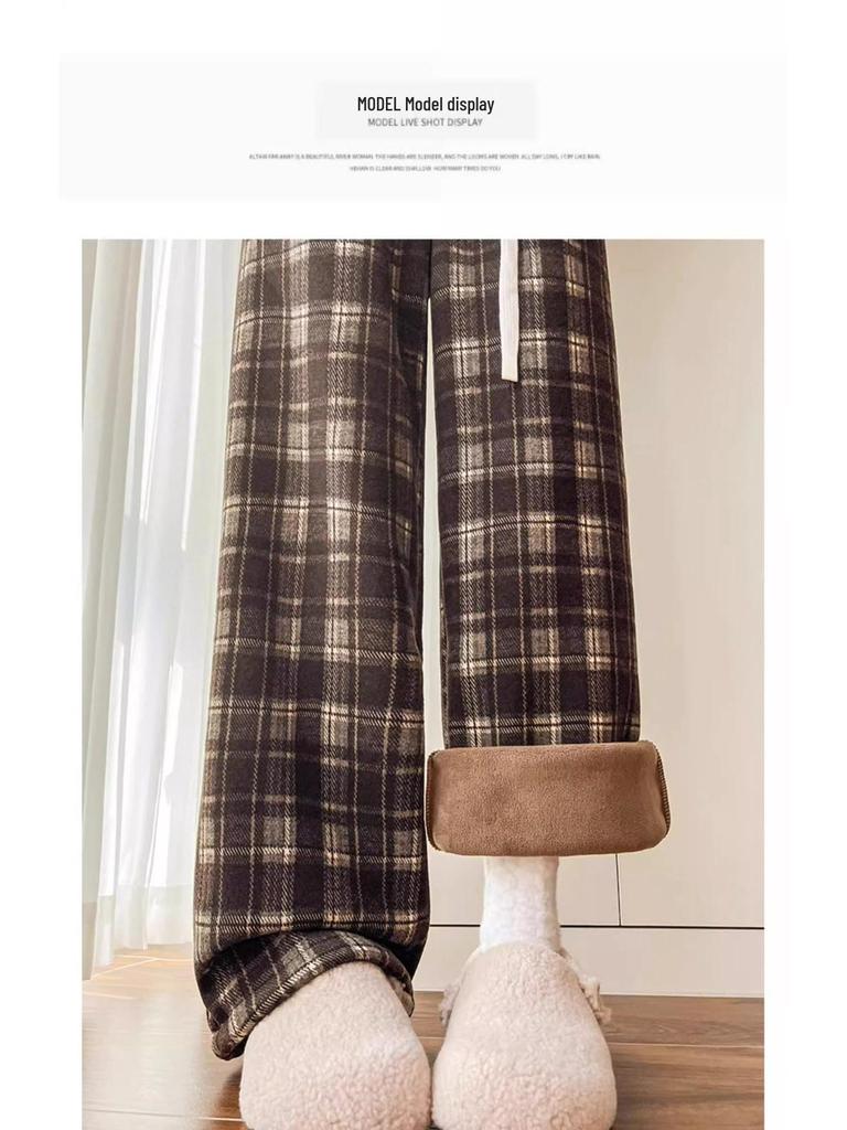 145 Small Wide-Leg Plaid Pants for Women - Coffee Color, High Waist, Woolen Drape, Plus Velvet, Straight Leg, Extra Long, for Autumn/Winter.