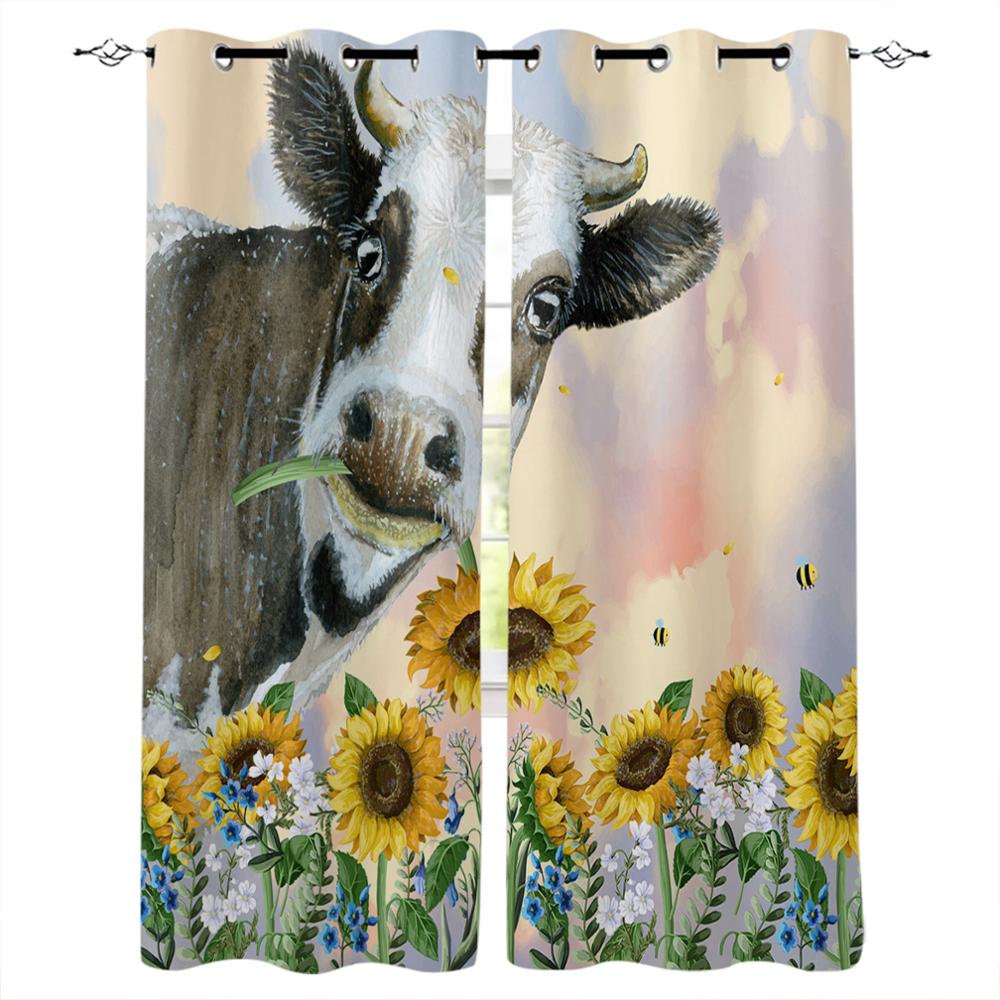 Animal Cow Color Oil Painting Window Curtains Bedroom Kitchen Drapes Panel Curtains for Living Room Christmas Home Decor