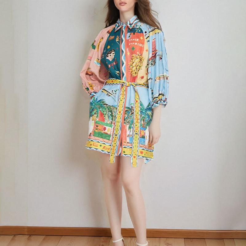 2026 Womens Printed Wrap Tie Neck A-Line Mini Dress High Waist Short Sleeve Elegant Office Casual