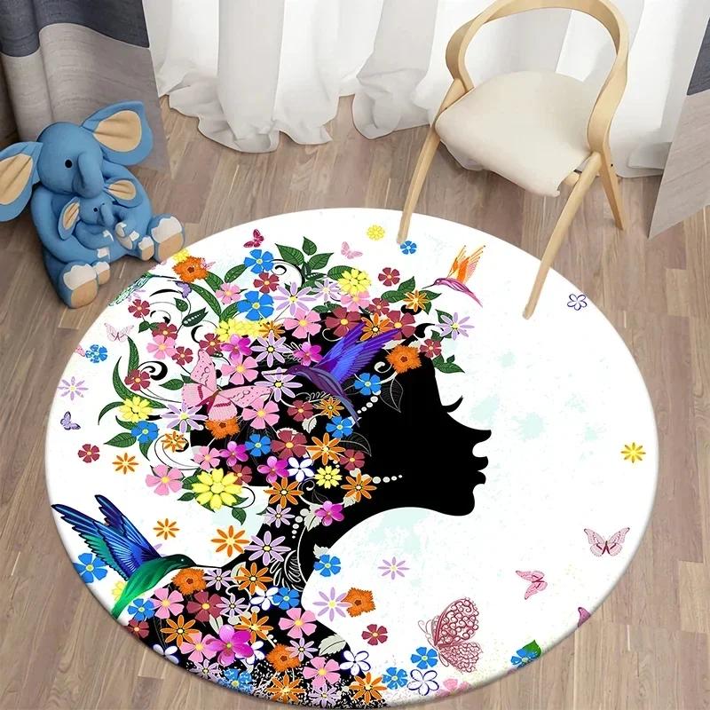 Butterfly Flower Fairy Girl Round Carpet Living Room Rugs Soft Doormat For Children's Room Playroom Decor Kitchen Bath Floor Mat